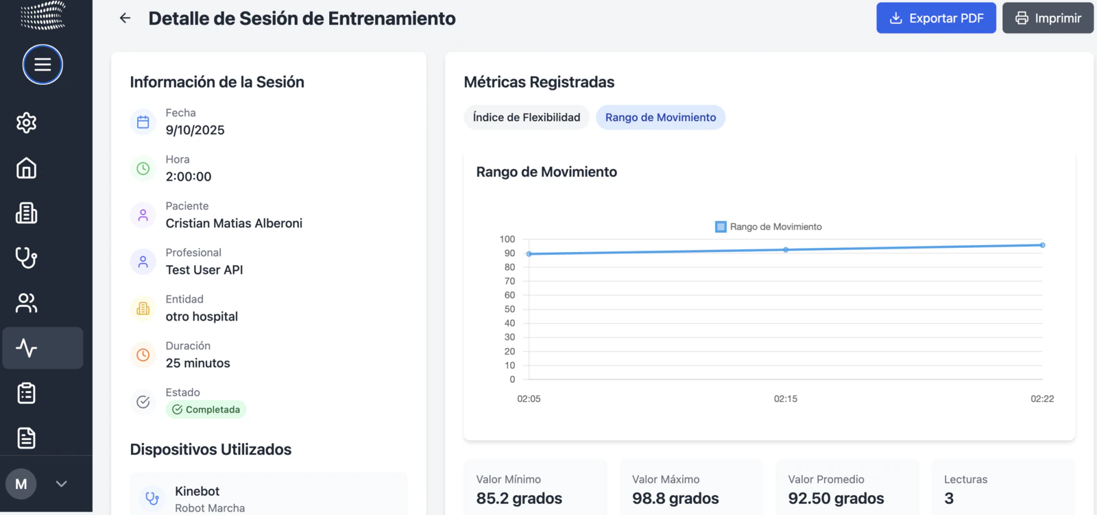 Mothus Connect: session analysis with range-of-motion metrics
